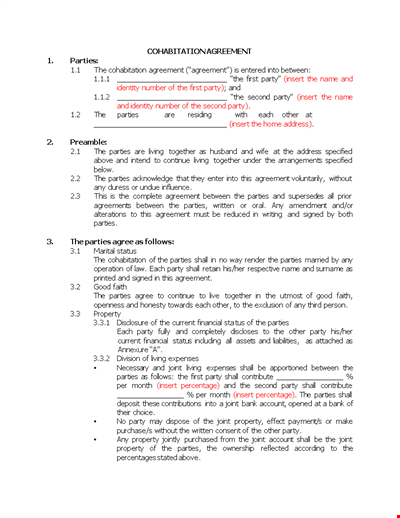 General Cohabitation Agreement Template | Property Agreement with Parties | Shall and Parties