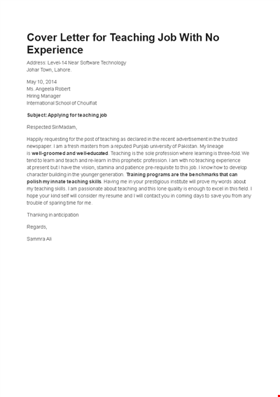 Teacher Without Experience Job Application Letter