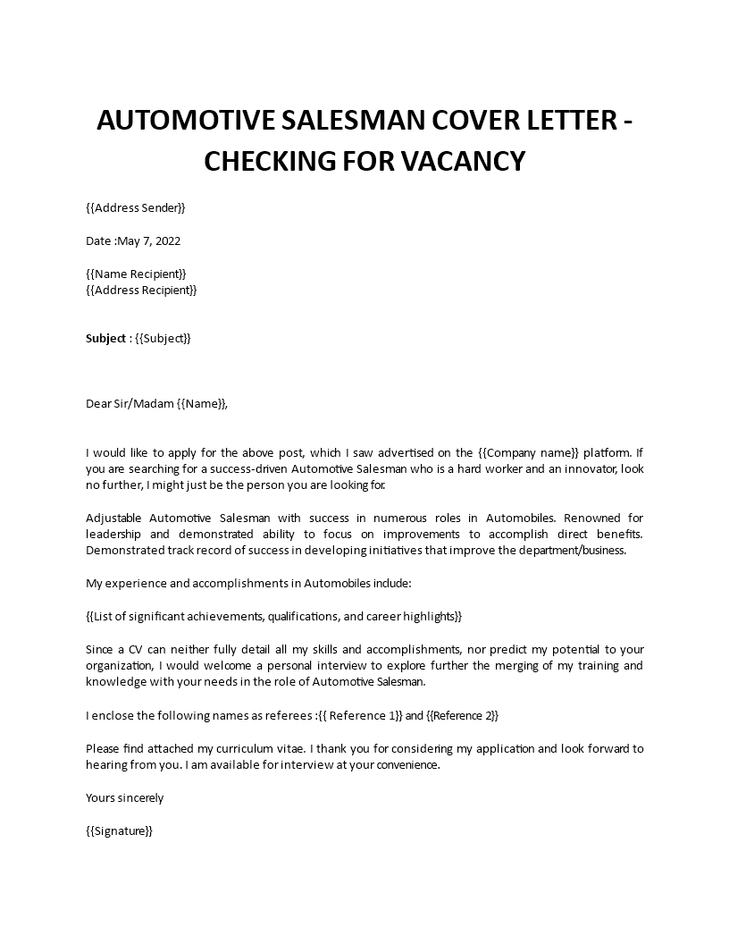 automotive salesman application letter Main Image automotive salesman application letter template