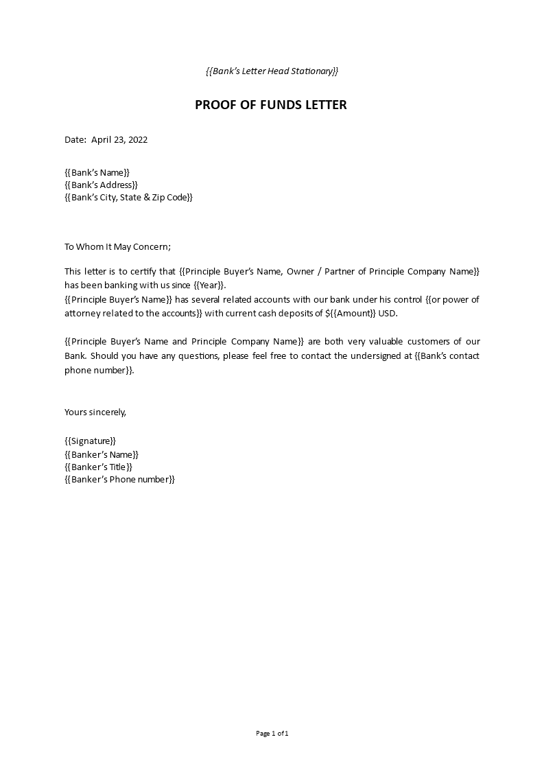 proof of funds letter Main Image proof of funds letter template