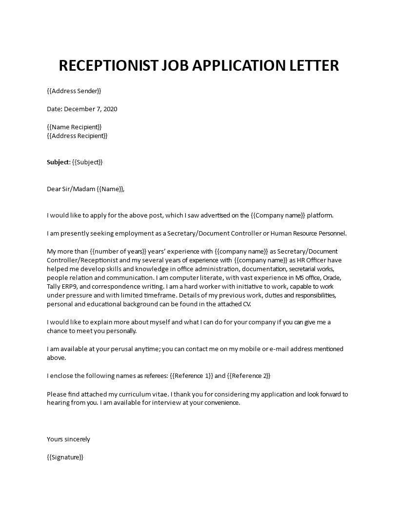 receptionist cover letter template