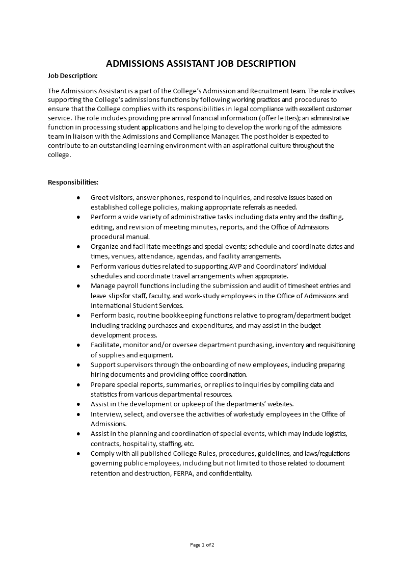 admissions assistant job description template