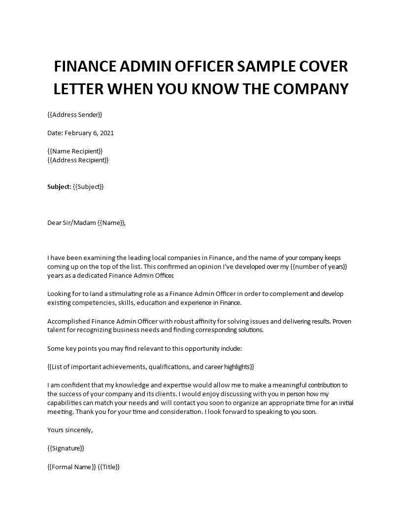 finance admin officer cover letter