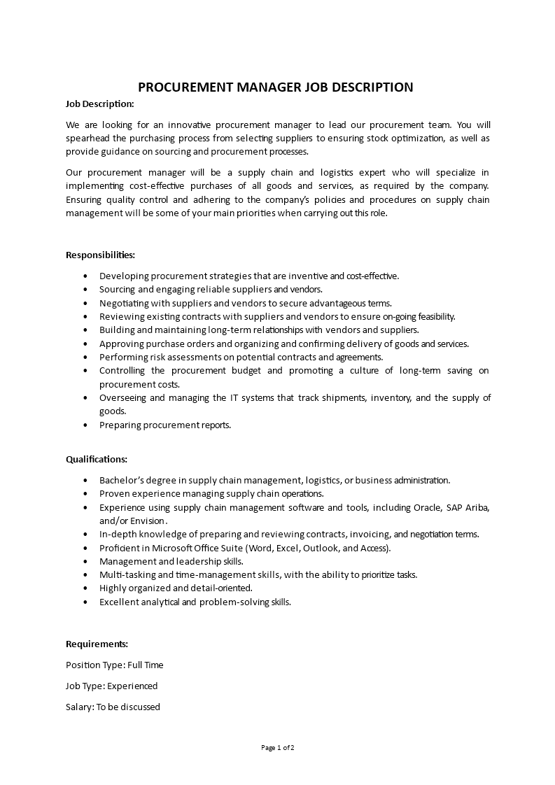 procurement manager job description Main Image procurement manager job description