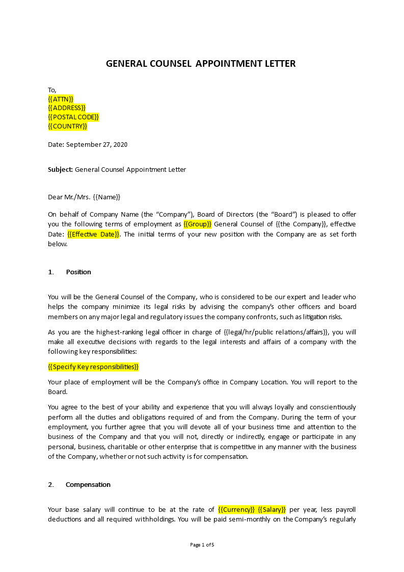 general counsel appointment letter template