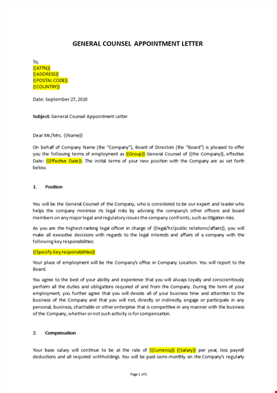General Counsel Appointment Letter