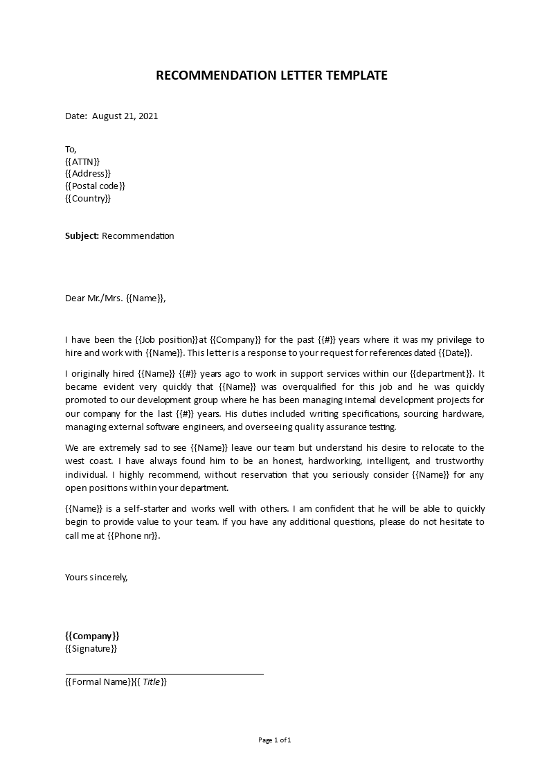 Recommendation Letter Template With Letter Of Recomendation Template