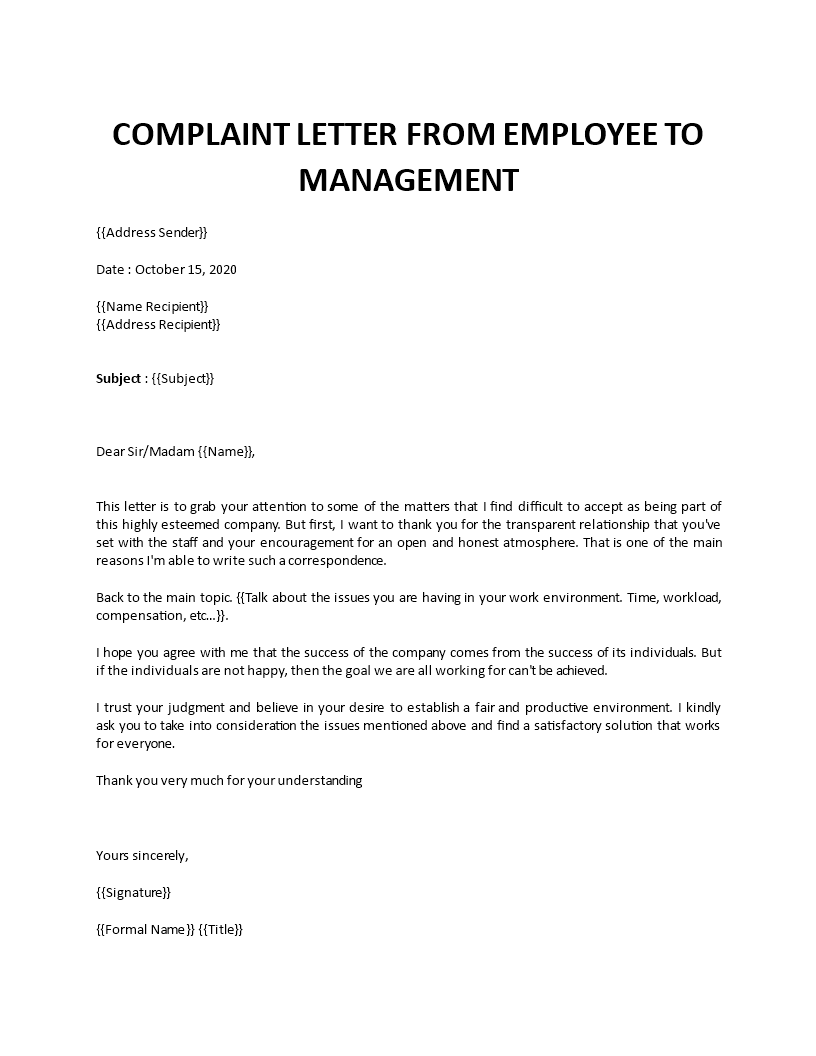 complaint letter from employee to management template