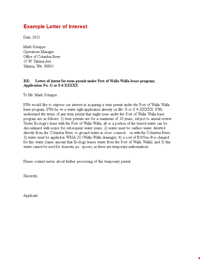 Lease Program Letter of Interest - Water Permit | Walla