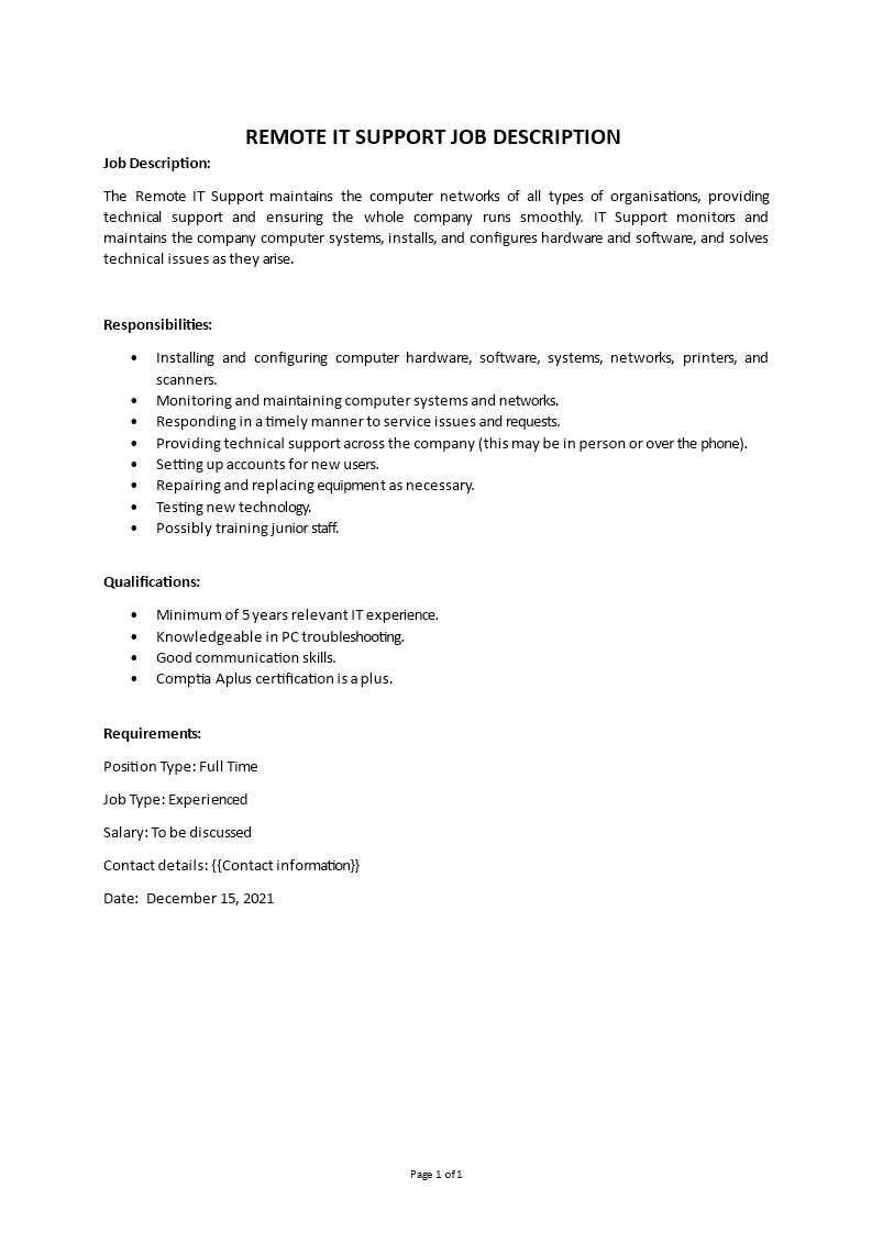 remote it support job description Main Image remote it support job description template