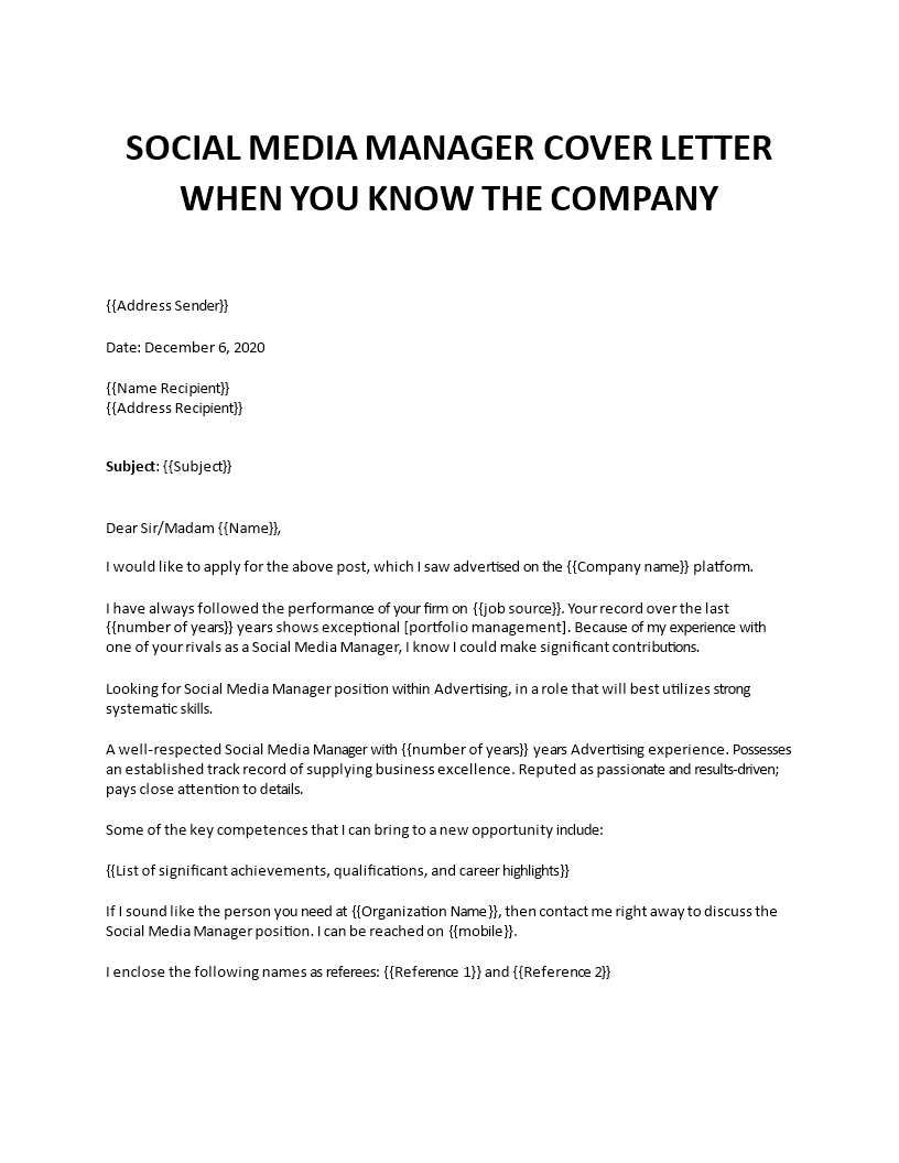 social media manager cover letter  template