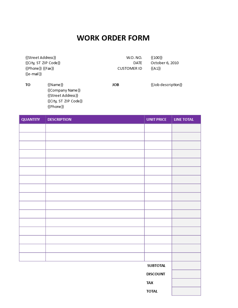 work order form template template