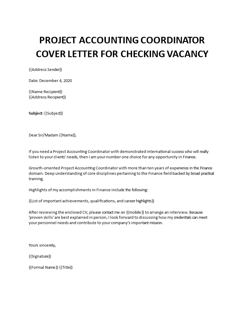 project accounting coordinator cover letter