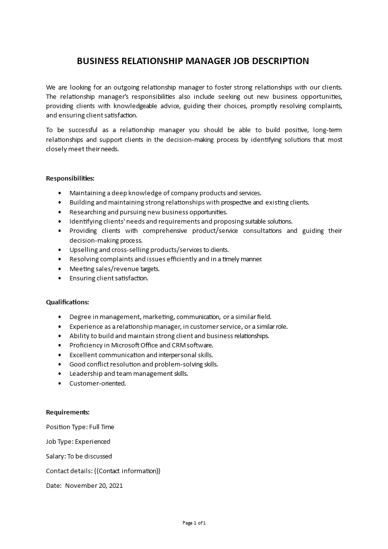 business relationship manager job description Main Image business relationship manager job description template