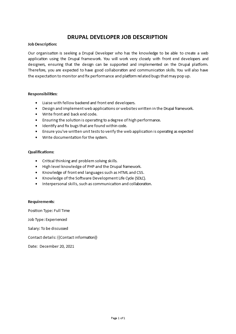 Drupal developer job description