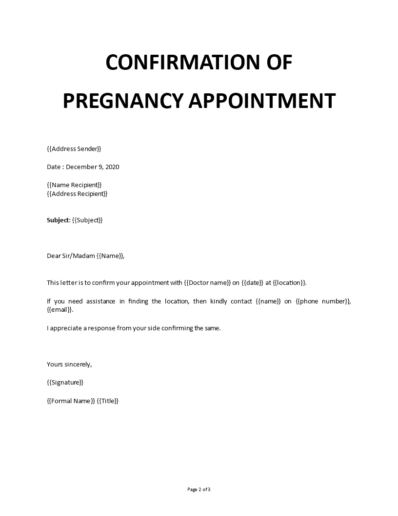 confirmation of pregnancy appointment template