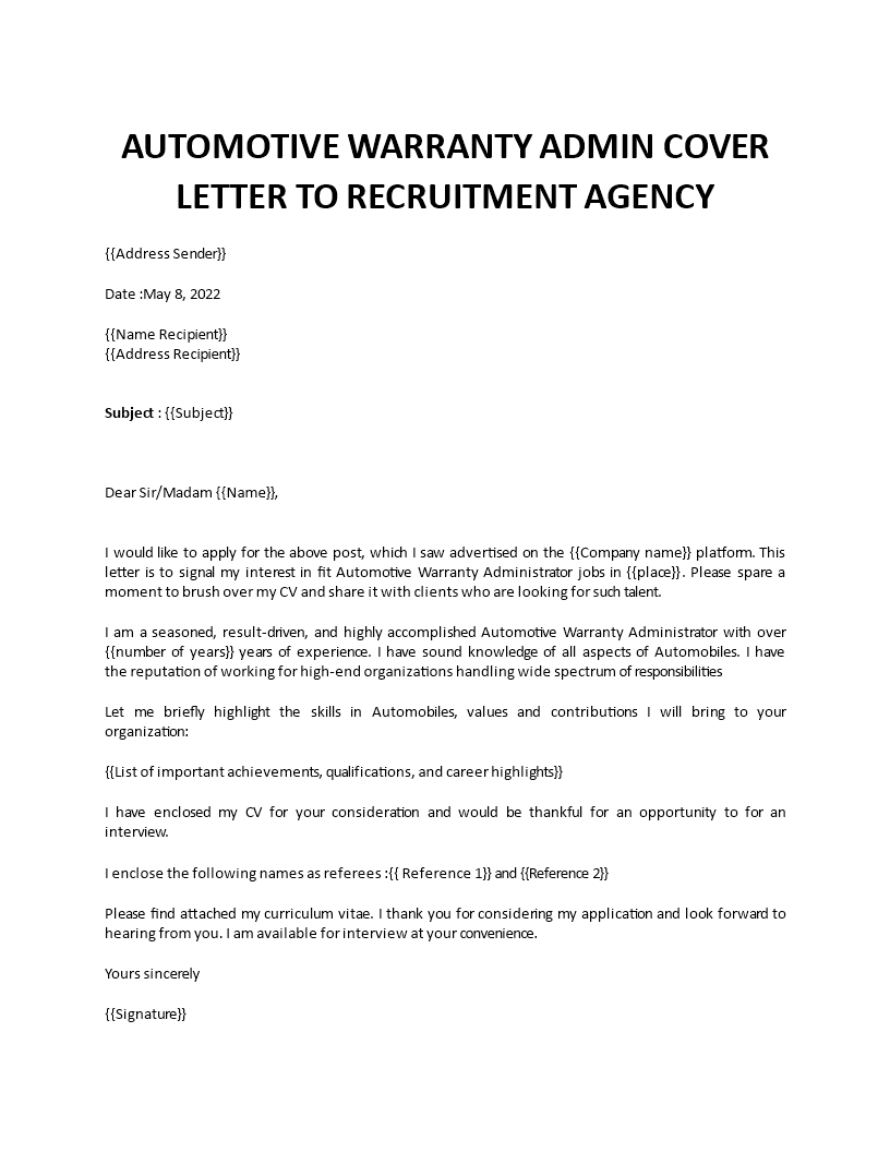 automotive warranty administrator cover letter template