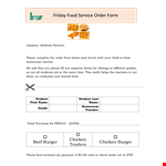 Friday Food Service Order - Please Place Your Order example document template