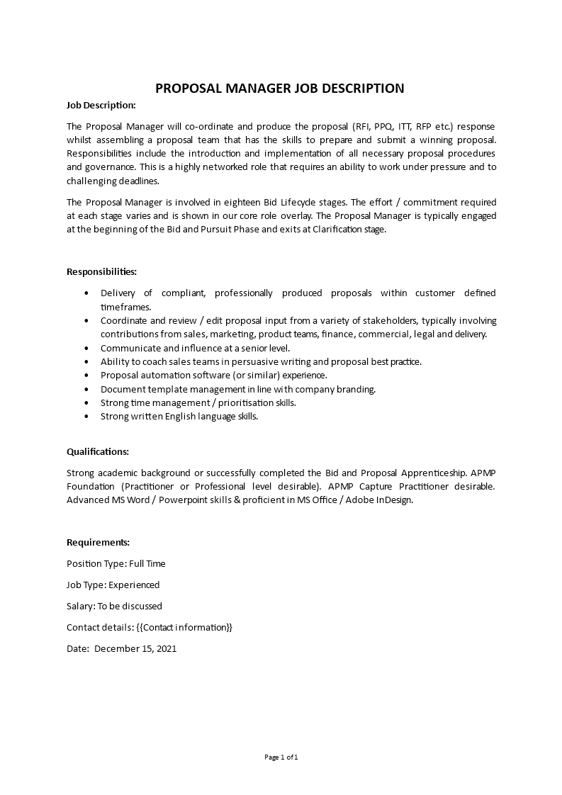 proposal manager job description