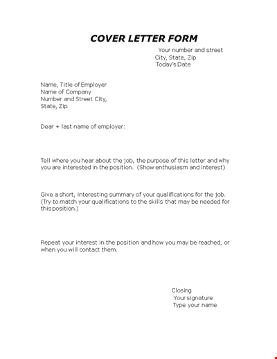 Cover Letter Form Template | PDF Format | Letter for Position | [Number] Available