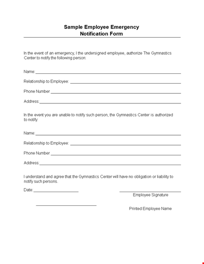 Emergency Notification Form for Gym Employees