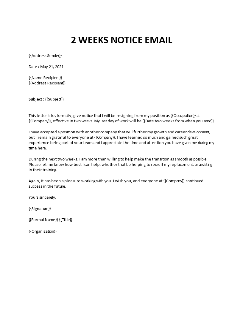 2 Weeks Notice Email