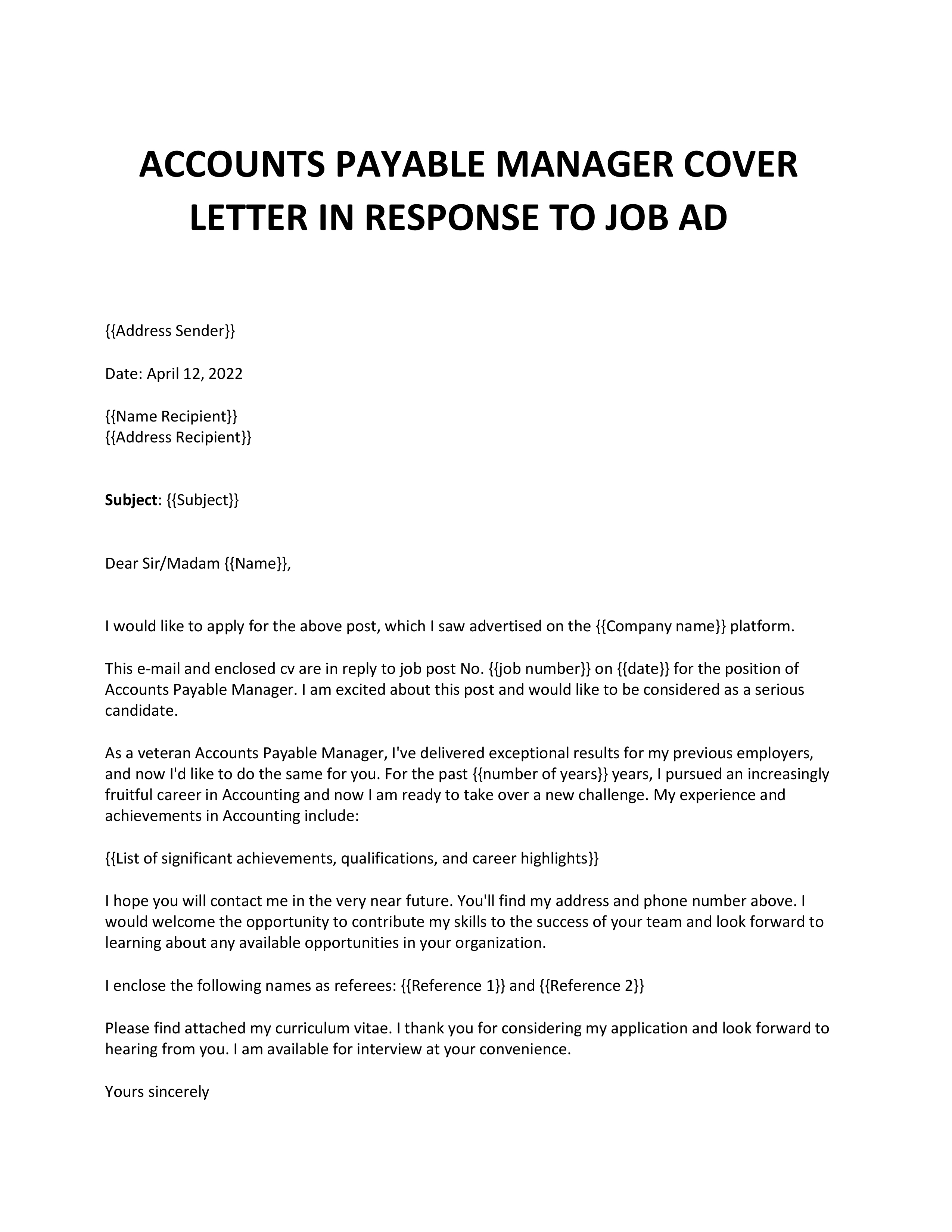 accounts payable manager cover letter
