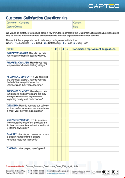 Customer Satisfaction Survey Questionnaire - Ensuring Quality at Captec