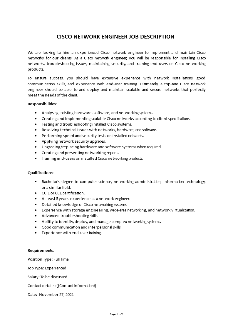 Cisco Network Engineer Job Description