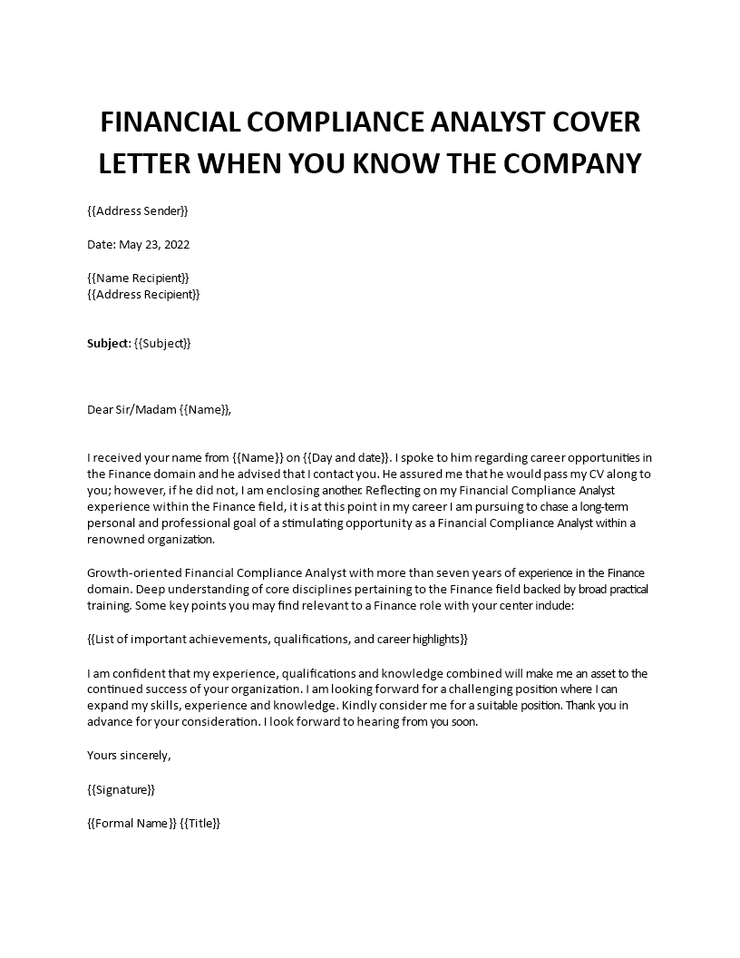 financial compliance analyst sample cover letter