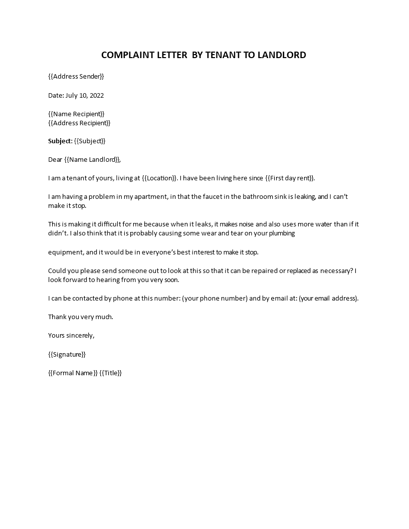 letter of complaint to the landlord