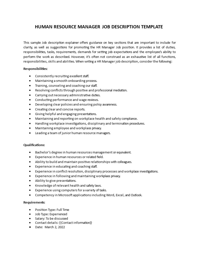 hr job description template