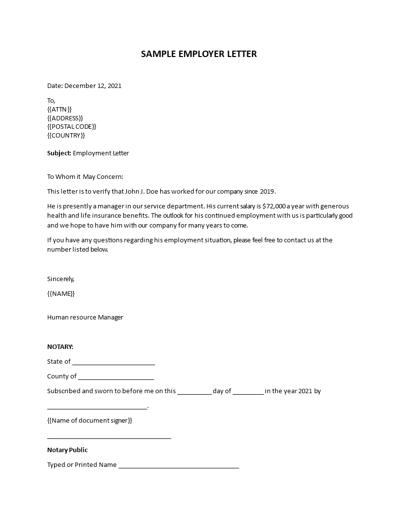 sample employer letter
