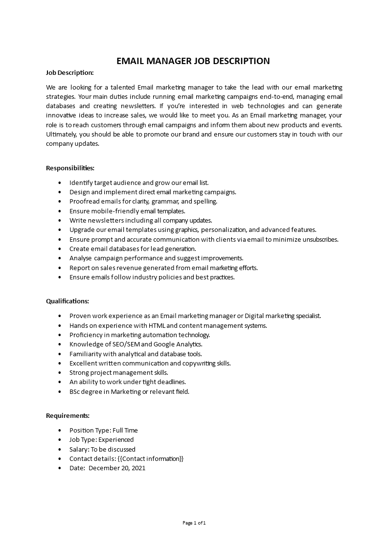 email manager job description