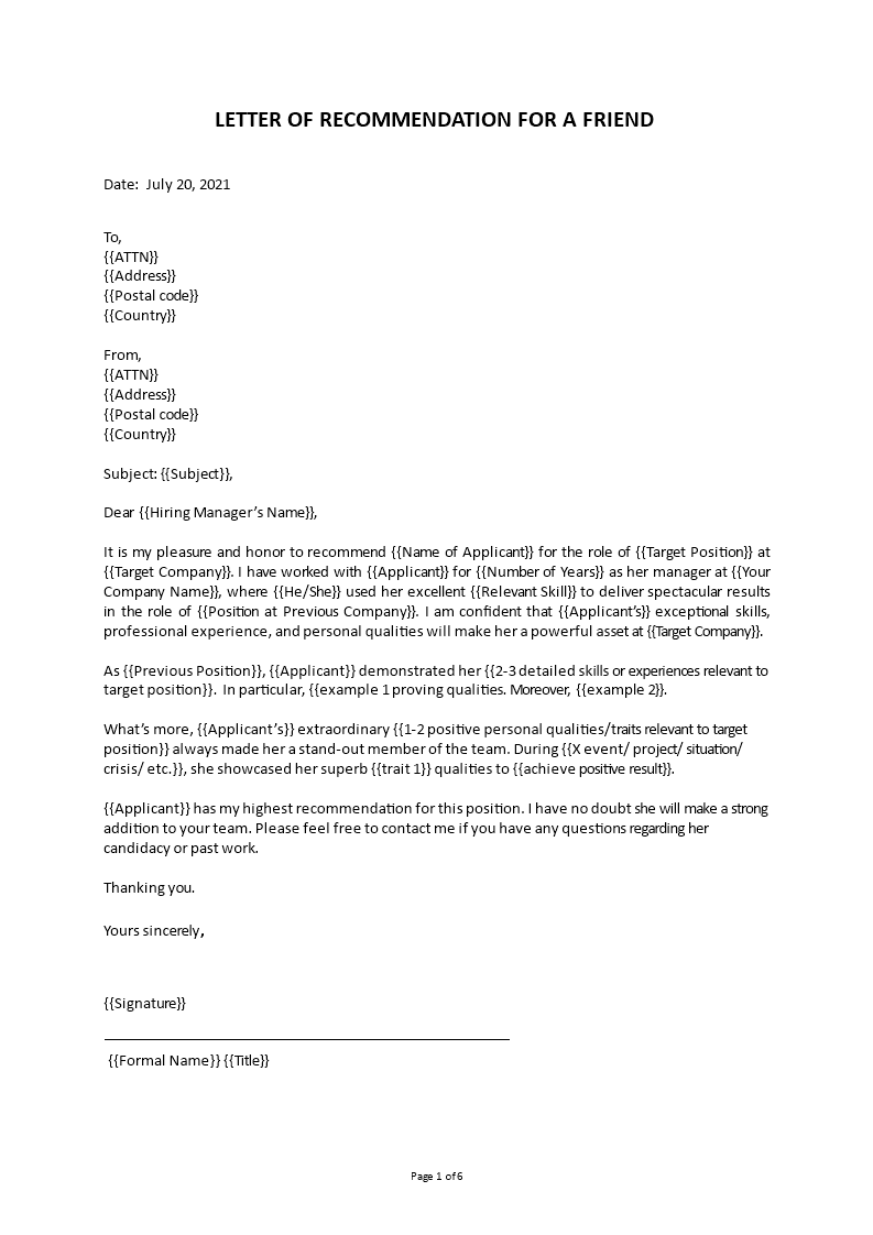 recommendation letter for friend template