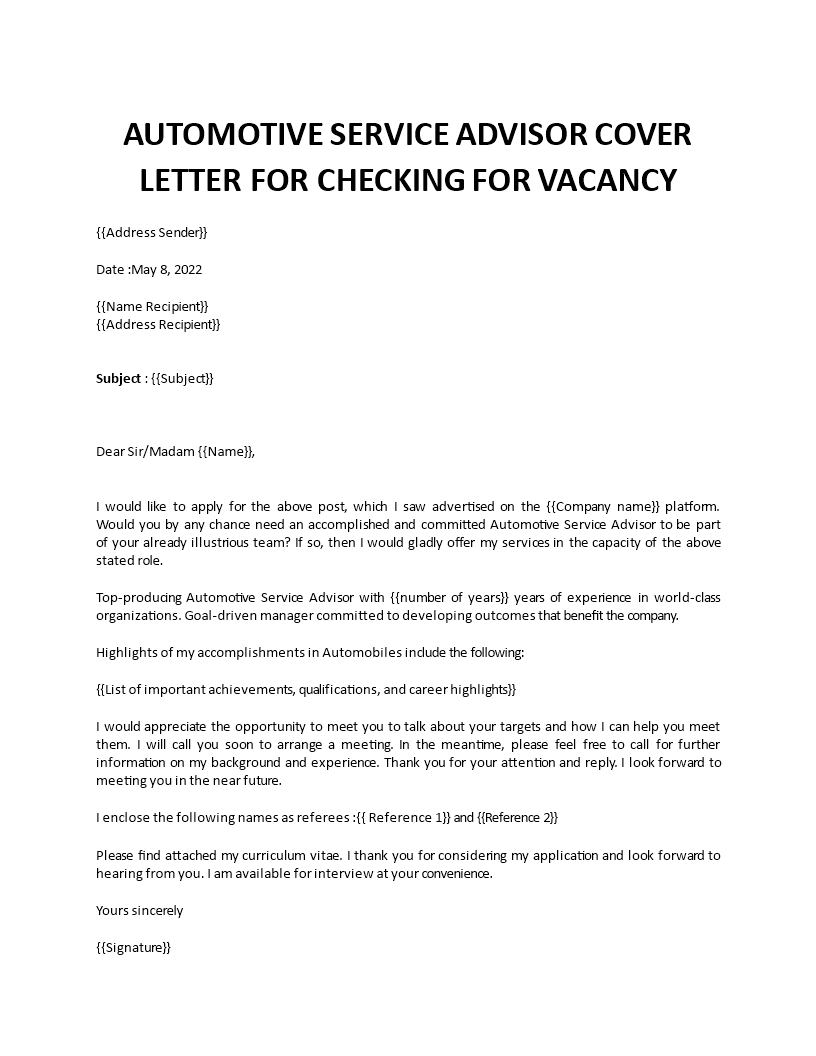 automotive service advisor cover letter