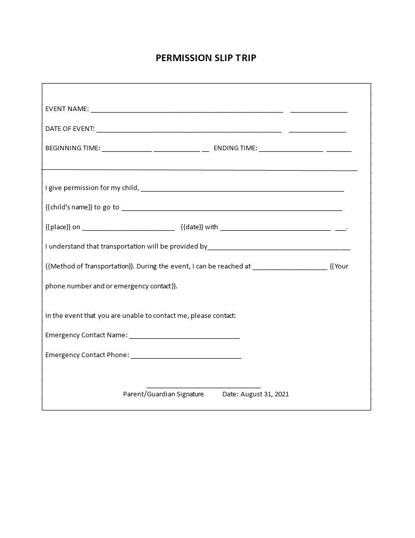 permission slips template sample