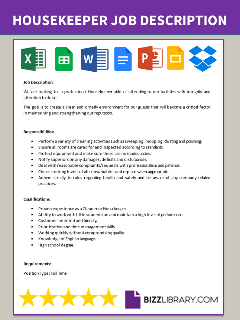 housekeeper job description template