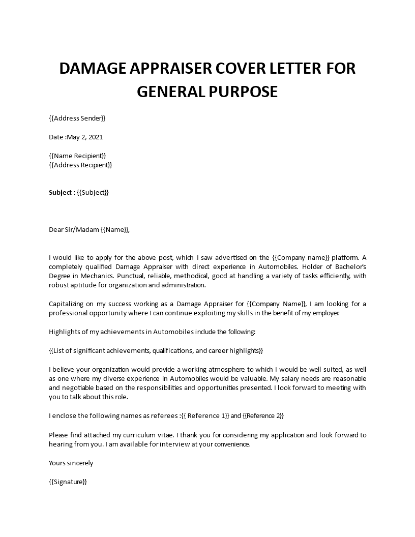 damage appraiser cover letter Main Image damage appraiser cover letter