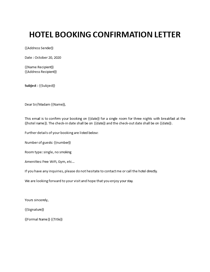 hotel booking confirmation letter template