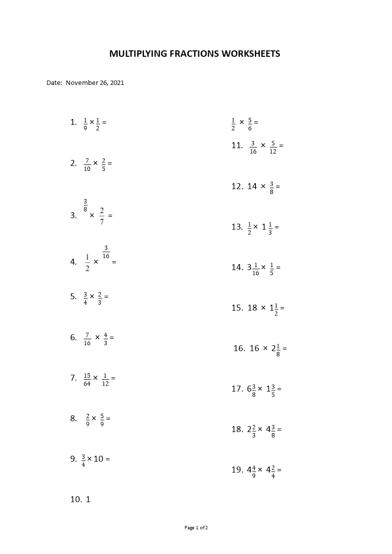 multiplying fractions worksheets template