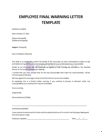 Employee Final Warning Letter Template