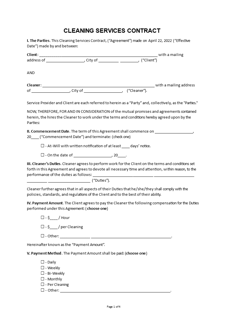 cleaning company service agreement template template