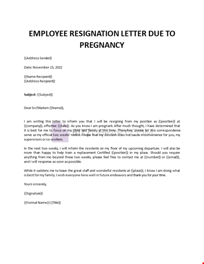 Employee Resignation Letter Due to Pregnancy