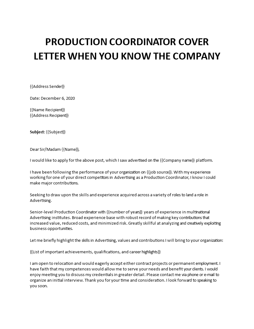 production coordinator cover letter  template