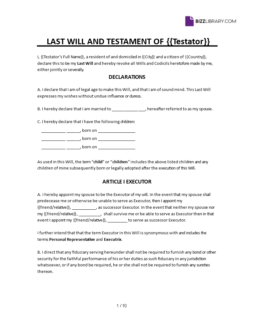 template for last will and testament