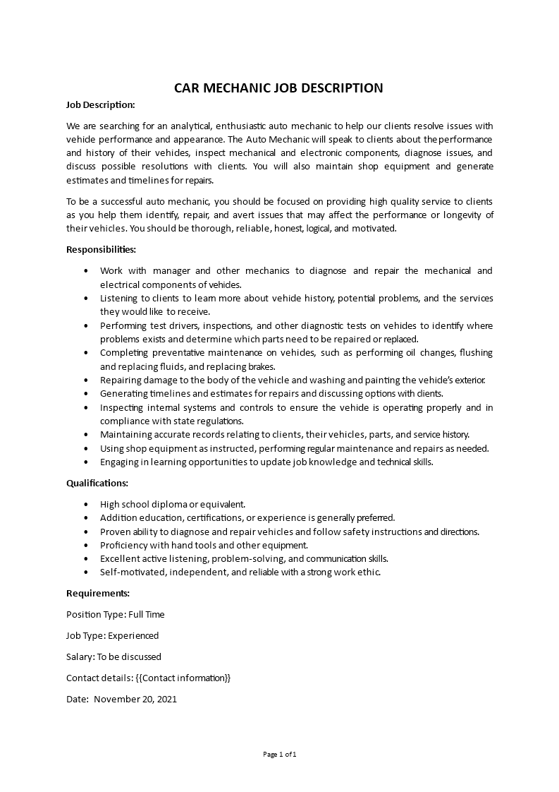 car mechanic job description