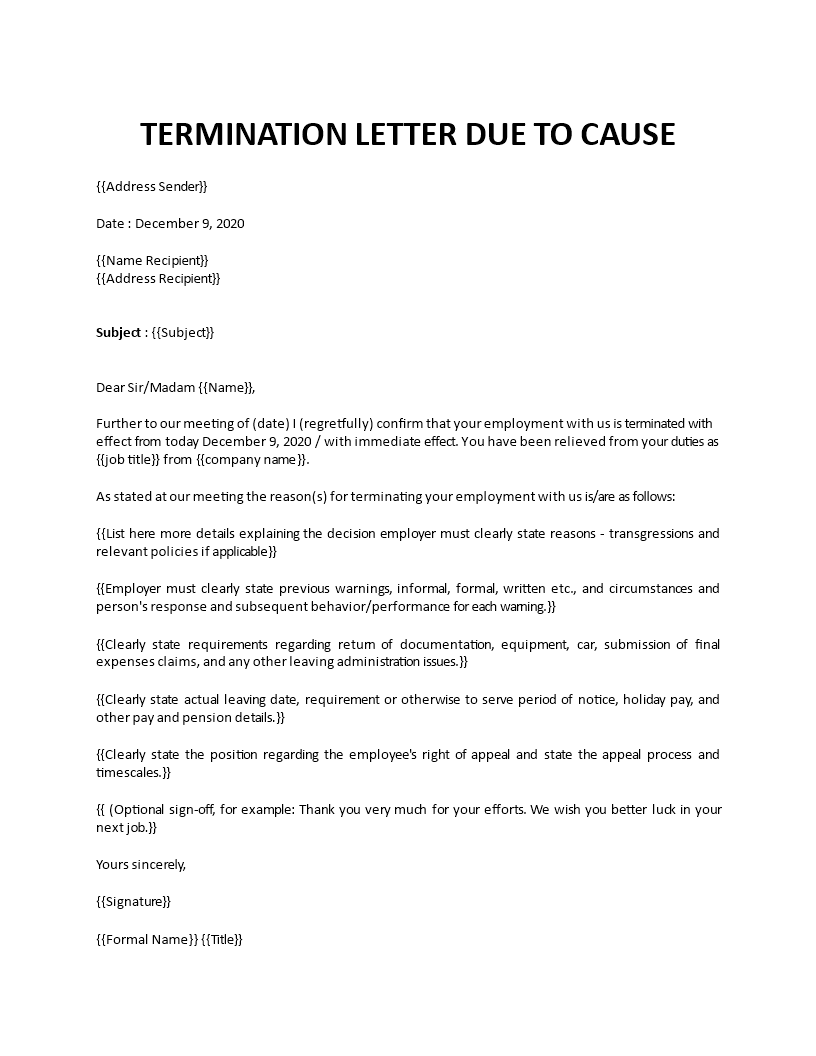 Sample termination letter for cause
