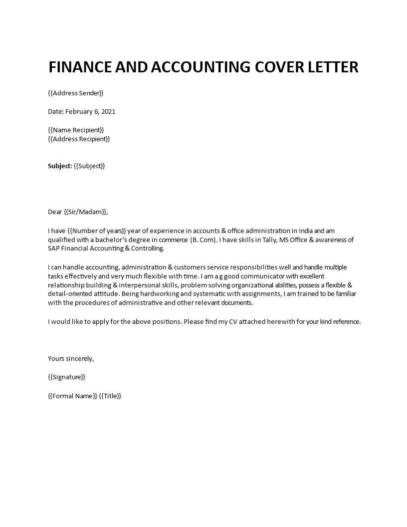 finance position cover letter