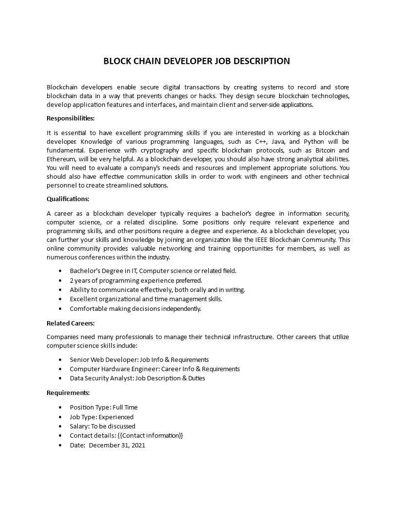 block chain developer job description